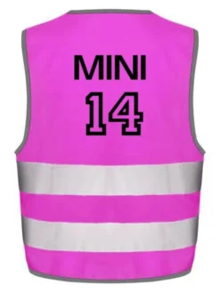 Huomioliivi lapsen omalla nimellä ja numerolla, pinkki